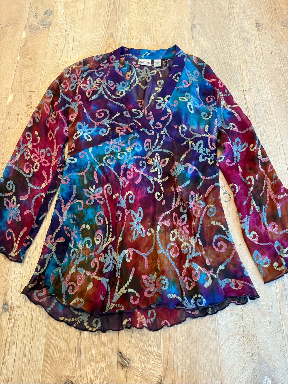 Chico’s Silk Multicolor Floral Sheer V-Neck Blouse L
